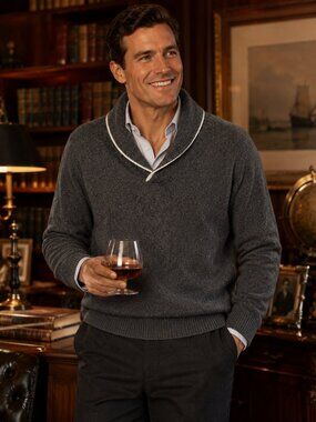 Tre Vero 100% Cashmere Shawl Collar Sweater Charcoal Gray Contrast Trim Men's L